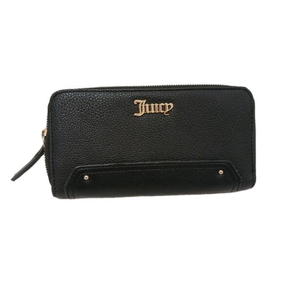 Juicy Couture Wallet Black Faux Leather Gold Logo Zip Credit Card Slots Pocket - Picture 1 of 12